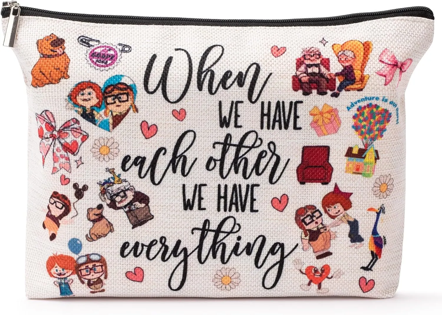 Up-Themed Beige Canvas Cosmetic Bag, Movie Merchandise Carl and Ellie Lover Makeup Bag Up Movie Fans Gift Cartoon Characters Adventure Gift