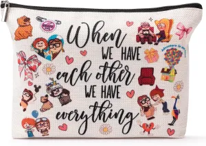 Up-Themed Beige Canvas Cosmetic Bag, Movie Merchandise Carl and Ellie Lover Makeup Bag Up Movie Fans Gift Cartoon Characters Adventure Gift