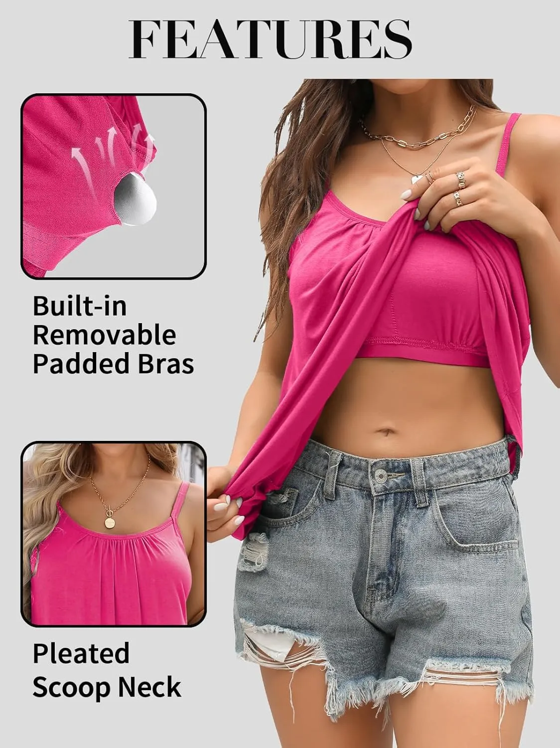 V FOR CITY Camisole Top for Women with Built in Bra Adjustable Strap Tank Top Summer Loose Fit Cami Shirt S-3XL