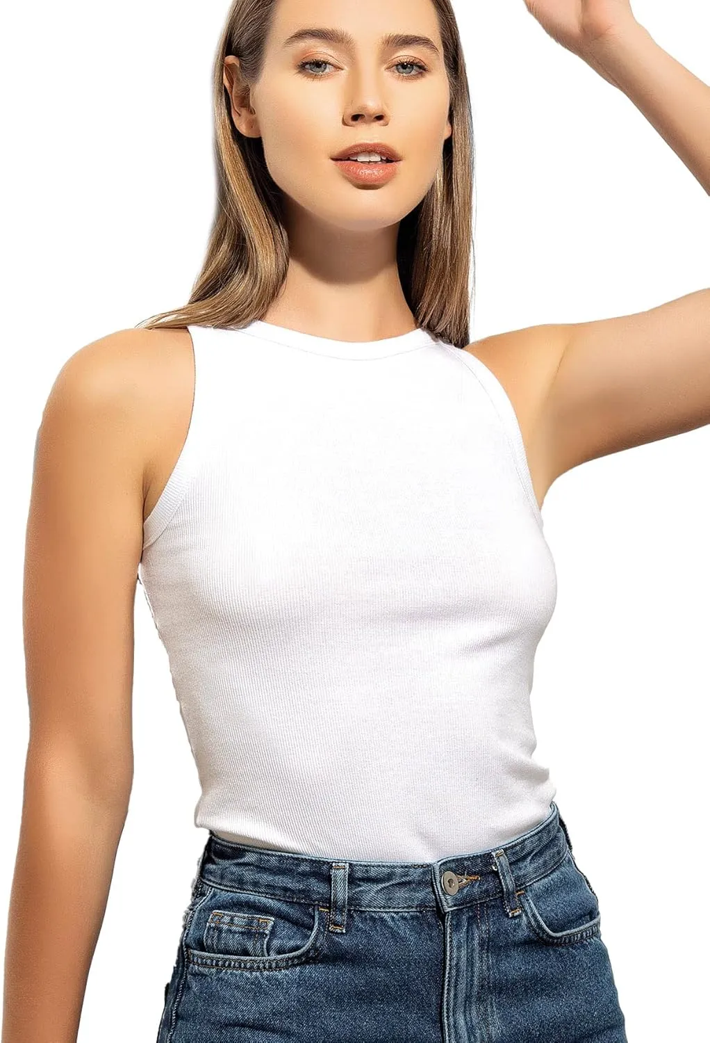VAVONNE High Neck Tank Tops for Women, Ribbed Cotton Stretch Camisole Shirts