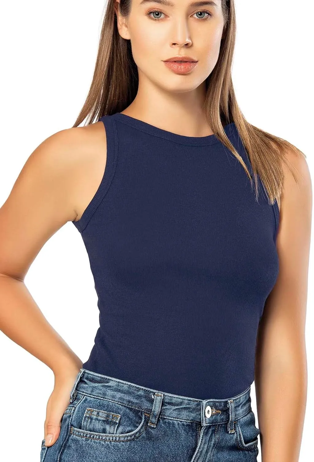 VAVONNE High Neck Tank Tops for Women, Ribbed Cotton Stretch Camisole Shirts