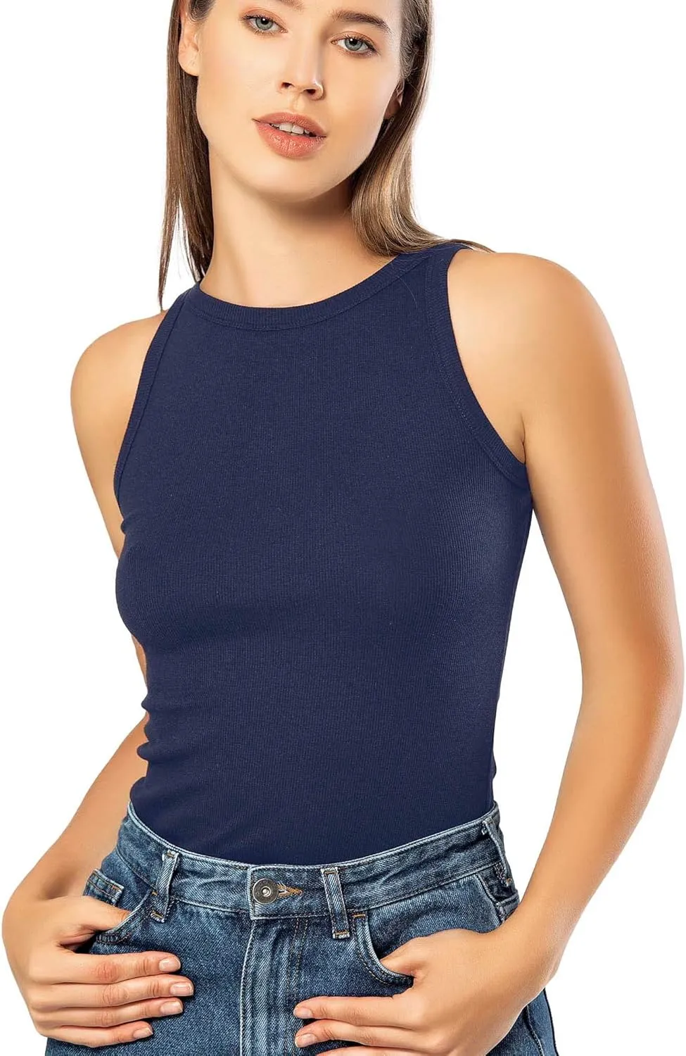 VAVONNE High Neck Tank Tops for Women, Ribbed Cotton Stretch Camisole Shirts