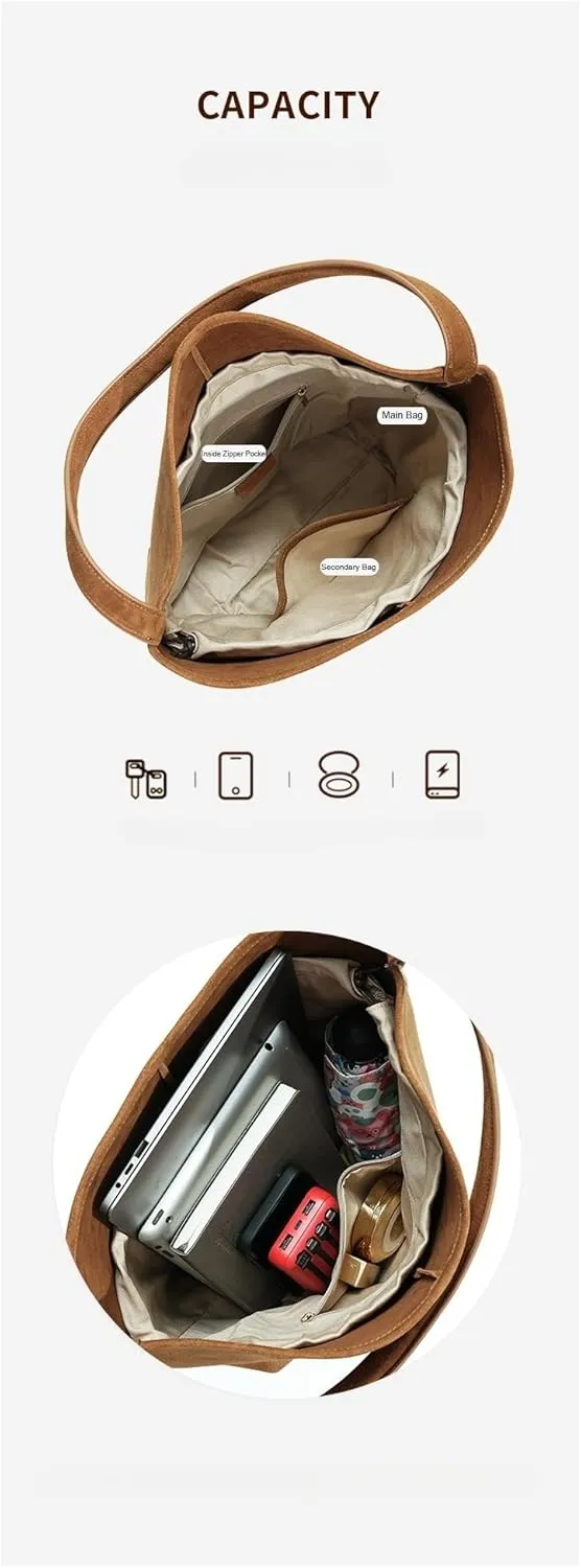 Vintage Suede Leather Commute Bucket Bag Handbags for Women Single Shoulder Bag, Handmade, Black/Caramel/Coffee