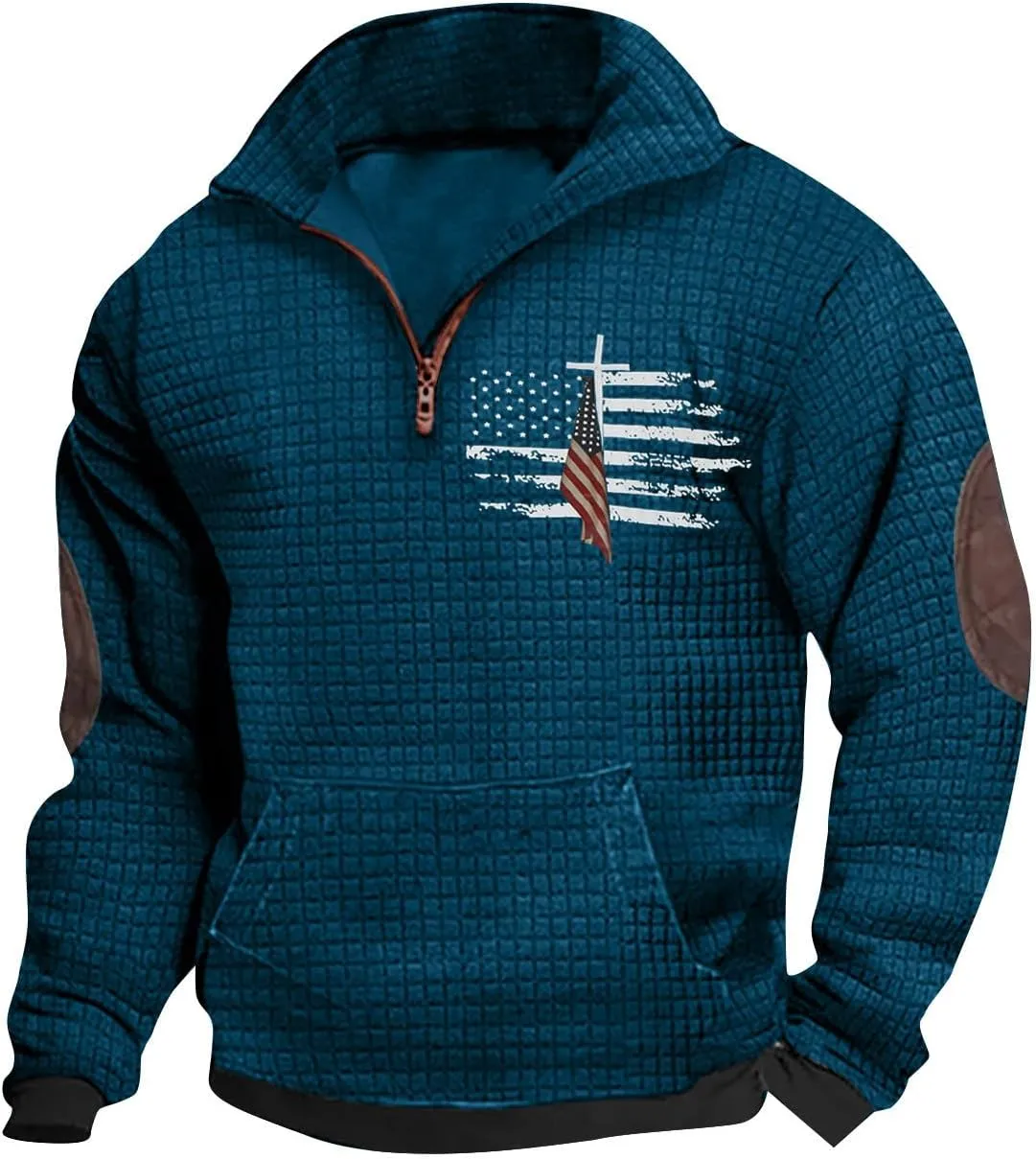 Waffle Knit Sweatshirts for Men Lightweight Long Sleeve Quarter Zip Pullover Shirts Regular Fit Solid Fall Shirt