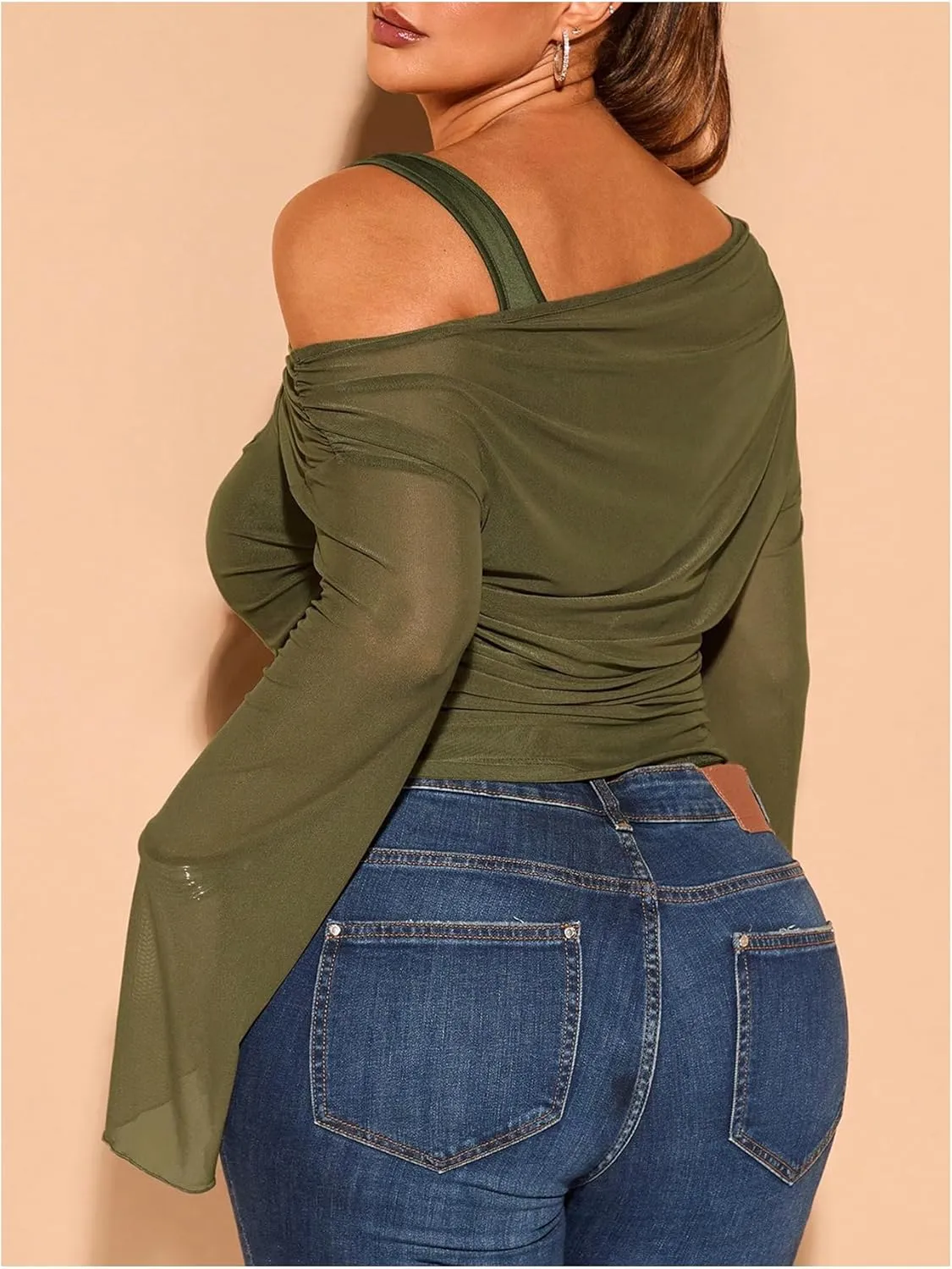 WDIRARA Women's Plus Size 2 in 1 Off Shoulder T Shirt Ruched Sheer Bell Long Sleeve Tee