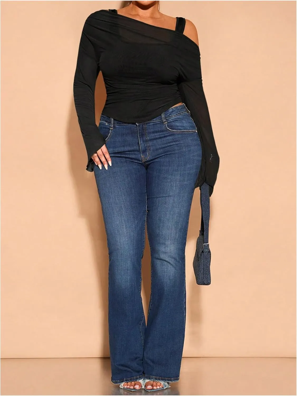 WDIRARA Women's Plus Size 2 in 1 Off Shoulder T Shirt Ruched Sheer Bell Long Sleeve Tee
