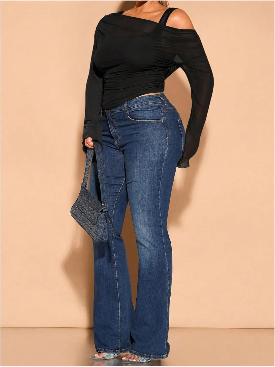 WDIRARA Women's Plus Size 2 in 1 Off Shoulder T Shirt Ruched Sheer Bell Long Sleeve Tee