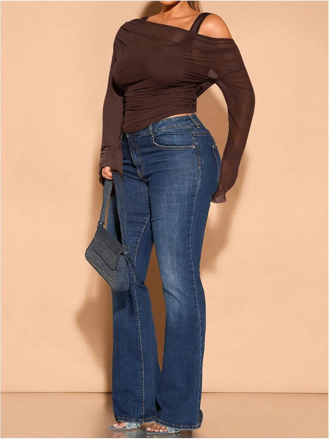 WDIRARA Women's Plus Size 2 in 1 Off Shoulder T Shirt Ruched Sheer Bell Long Sleeve Tee