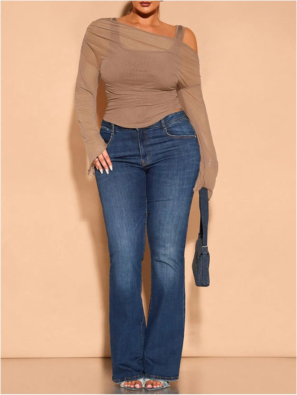 WDIRARA Women's Plus Size 2 in 1 Off Shoulder T Shirt Ruched Sheer Bell Long Sleeve Tee