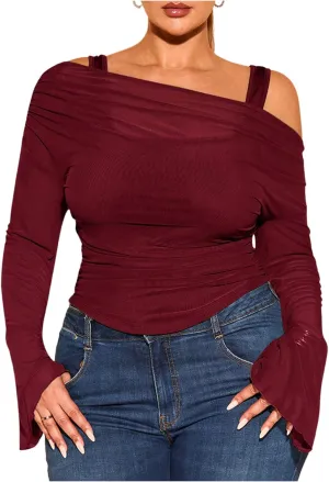 WDIRARA Women's Plus Size 2 in 1 Off Shoulder T Shirt Ruched Sheer Bell Long Sleeve Tee