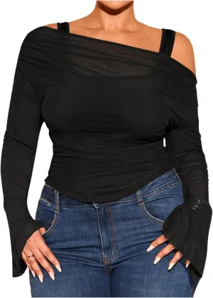 WDIRARA Women's Plus Size 2 in 1 Off Shoulder T Shirt Ruched Sheer Bell Long Sleeve Tee