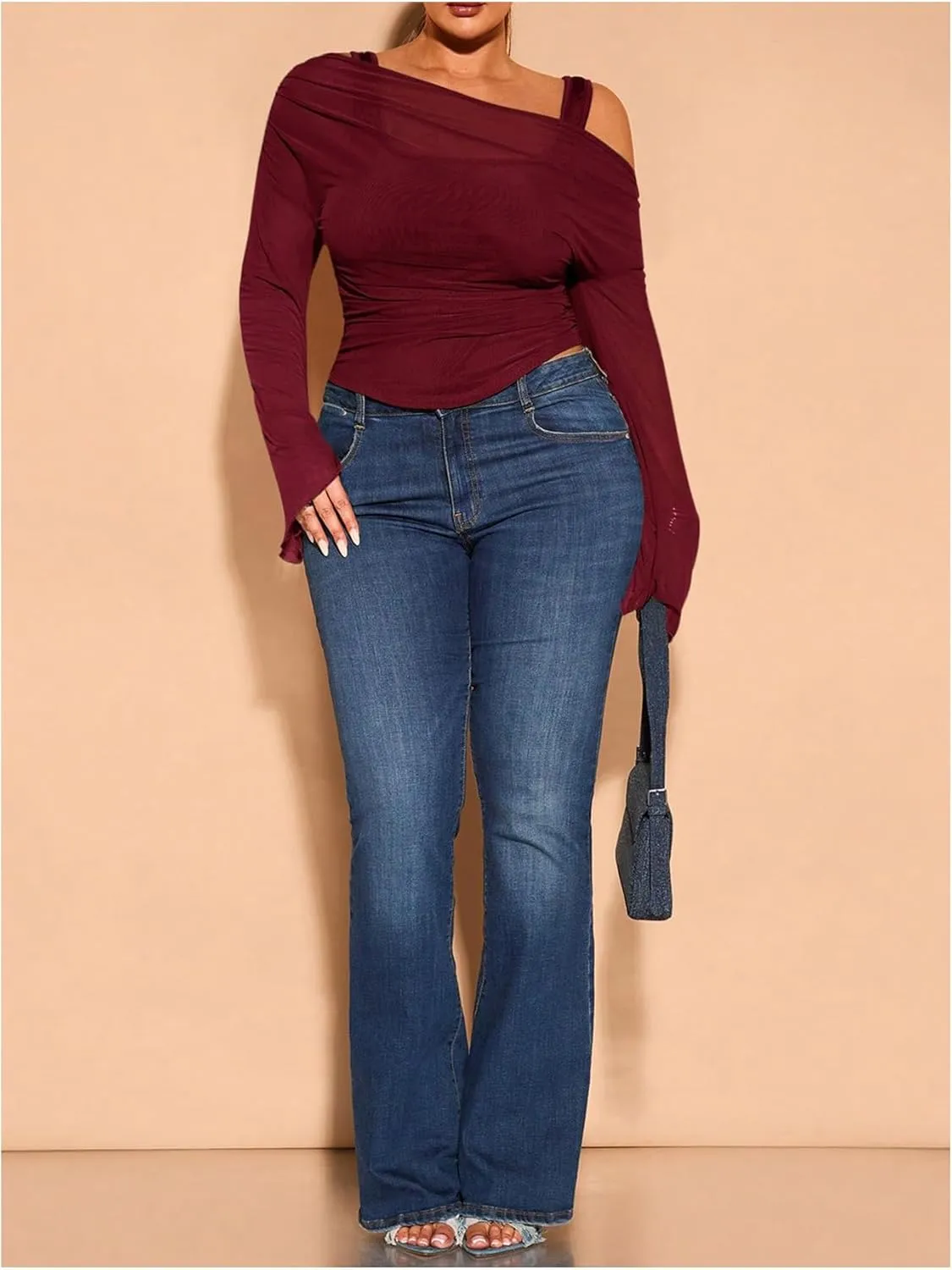 WDIRARA Women's Plus Size 2 in 1 Off Shoulder T Shirt Ruched Sheer Bell Long Sleeve Tee