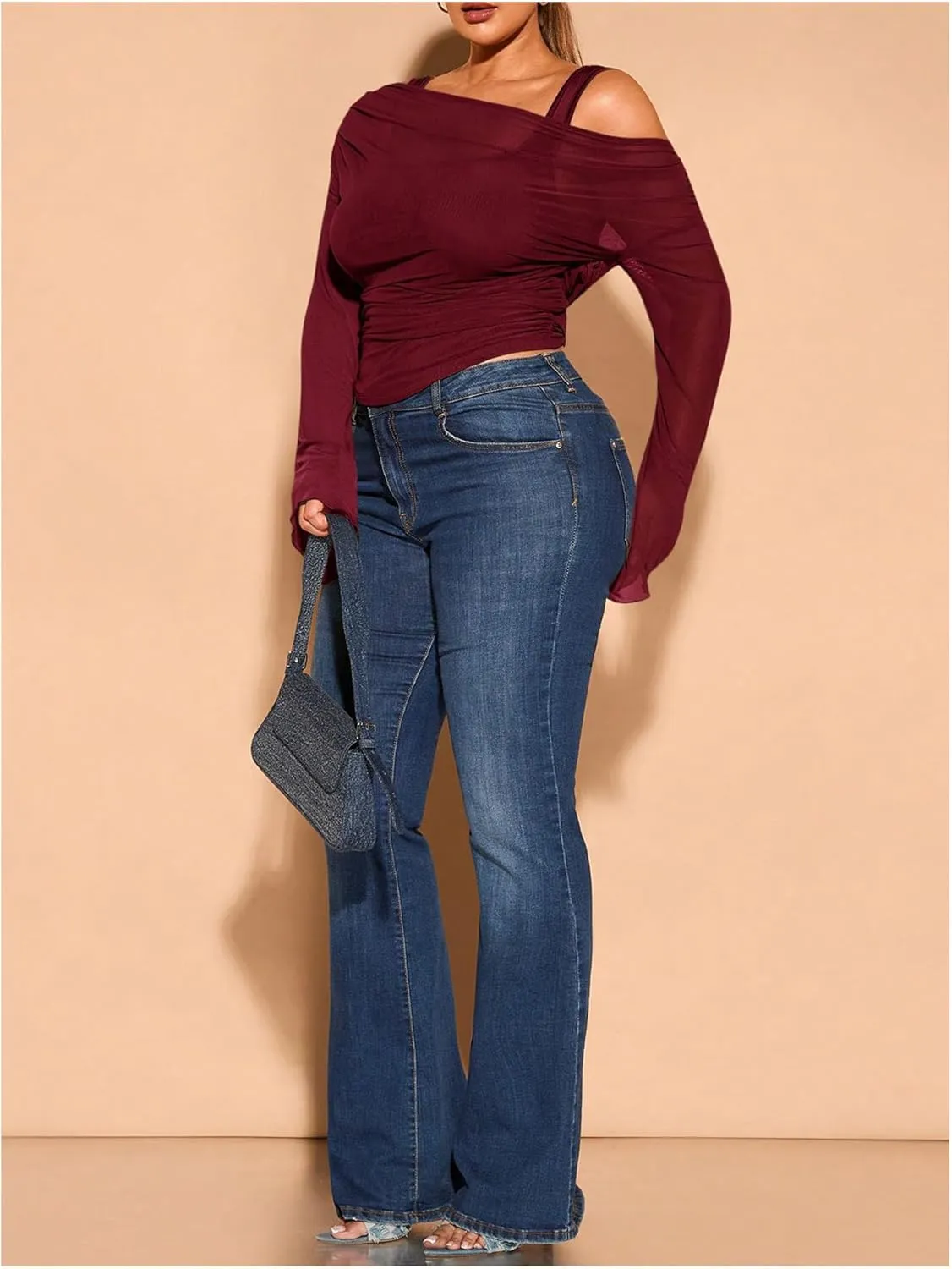 WDIRARA Women's Plus Size 2 in 1 Off Shoulder T Shirt Ruched Sheer Bell Long Sleeve Tee