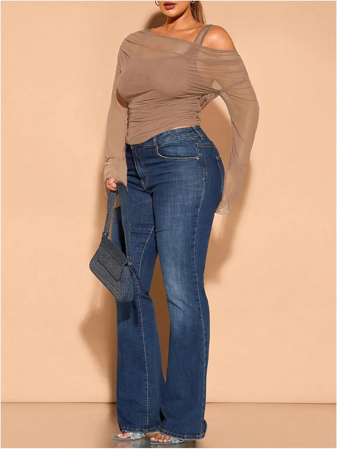 WDIRARA Women's Plus Size 2 in 1 Off Shoulder T Shirt Ruched Sheer Bell Long Sleeve Tee