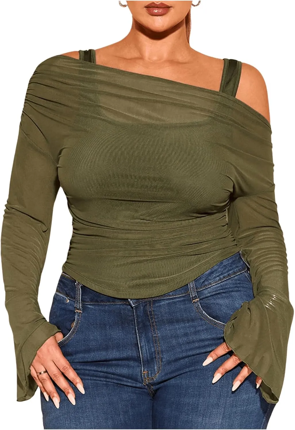 WDIRARA Women's Plus Size 2 in 1 Off Shoulder T Shirt Ruched Sheer Bell Long Sleeve Tee