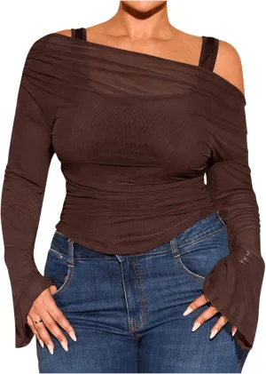 WDIRARA Women's Plus Size 2 in 1 Off Shoulder T Shirt Ruched Sheer Bell Long Sleeve Tee