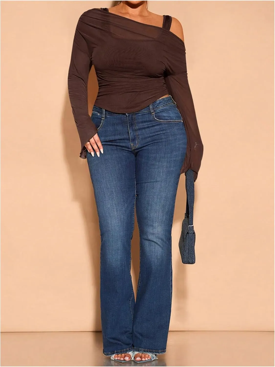WDIRARA Women's Plus Size 2 in 1 Off Shoulder T Shirt Ruched Sheer Bell Long Sleeve Tee