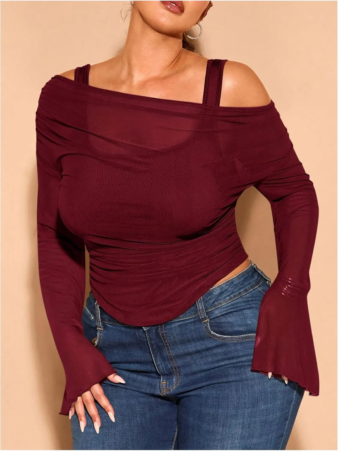 WDIRARA Women's Plus Size 2 in 1 Off Shoulder T Shirt Ruched Sheer Bell Long Sleeve Tee