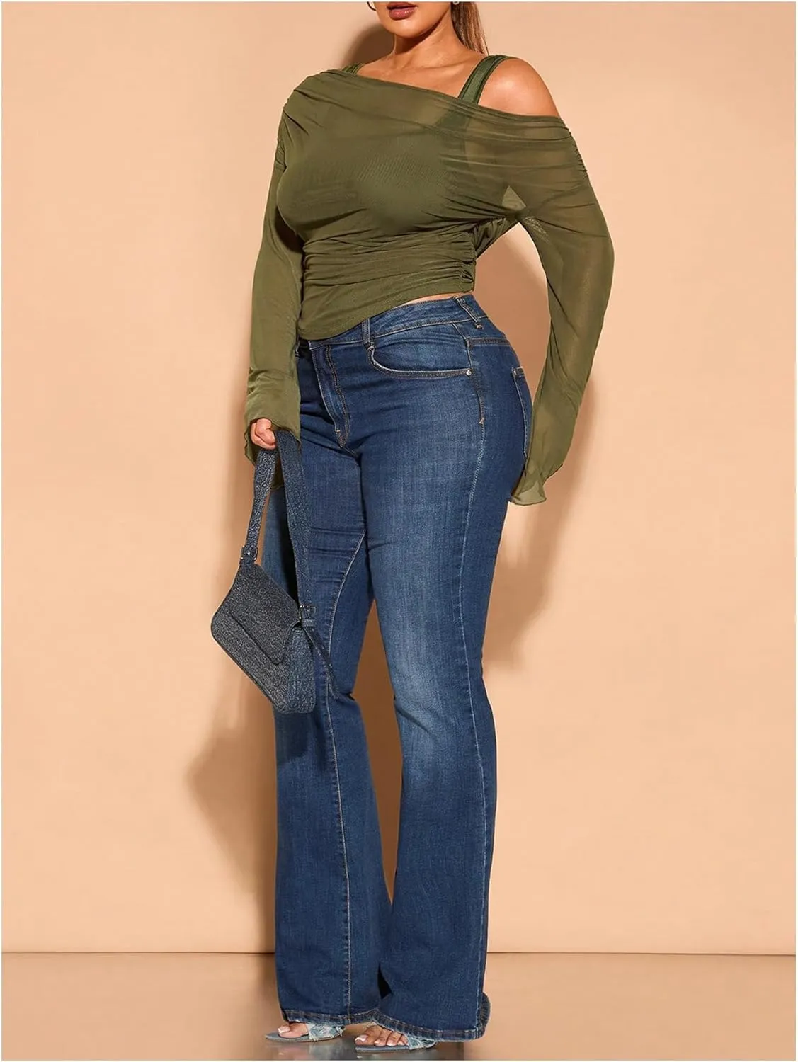 WDIRARA Women's Plus Size 2 in 1 Off Shoulder T Shirt Ruched Sheer Bell Long Sleeve Tee