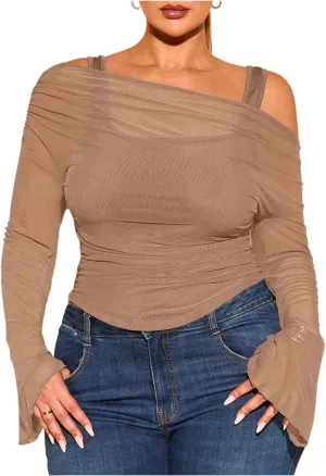 WDIRARA Women's Plus Size 2 in 1 Off Shoulder T Shirt Ruched Sheer Bell Long Sleeve Tee