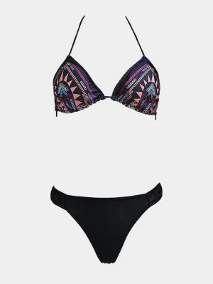 Wholesale Sleeveless Black Totem Pattern Sequin Lace-up 2 Piece Bikinis