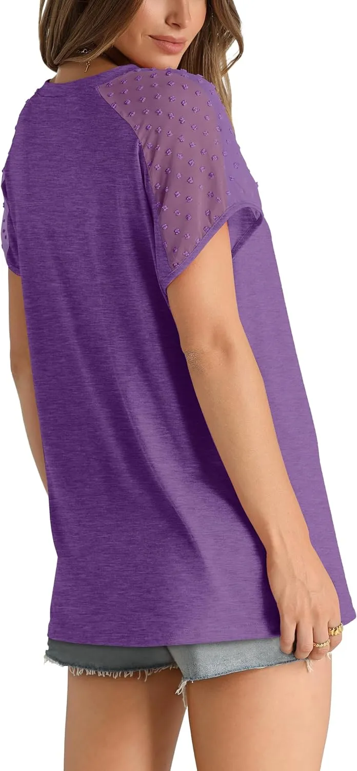 WIHOLL Summer Tops for Women V Neck T-Shirts Swiss Dot Short Sleeve Shirts Casual Fashion Blouses