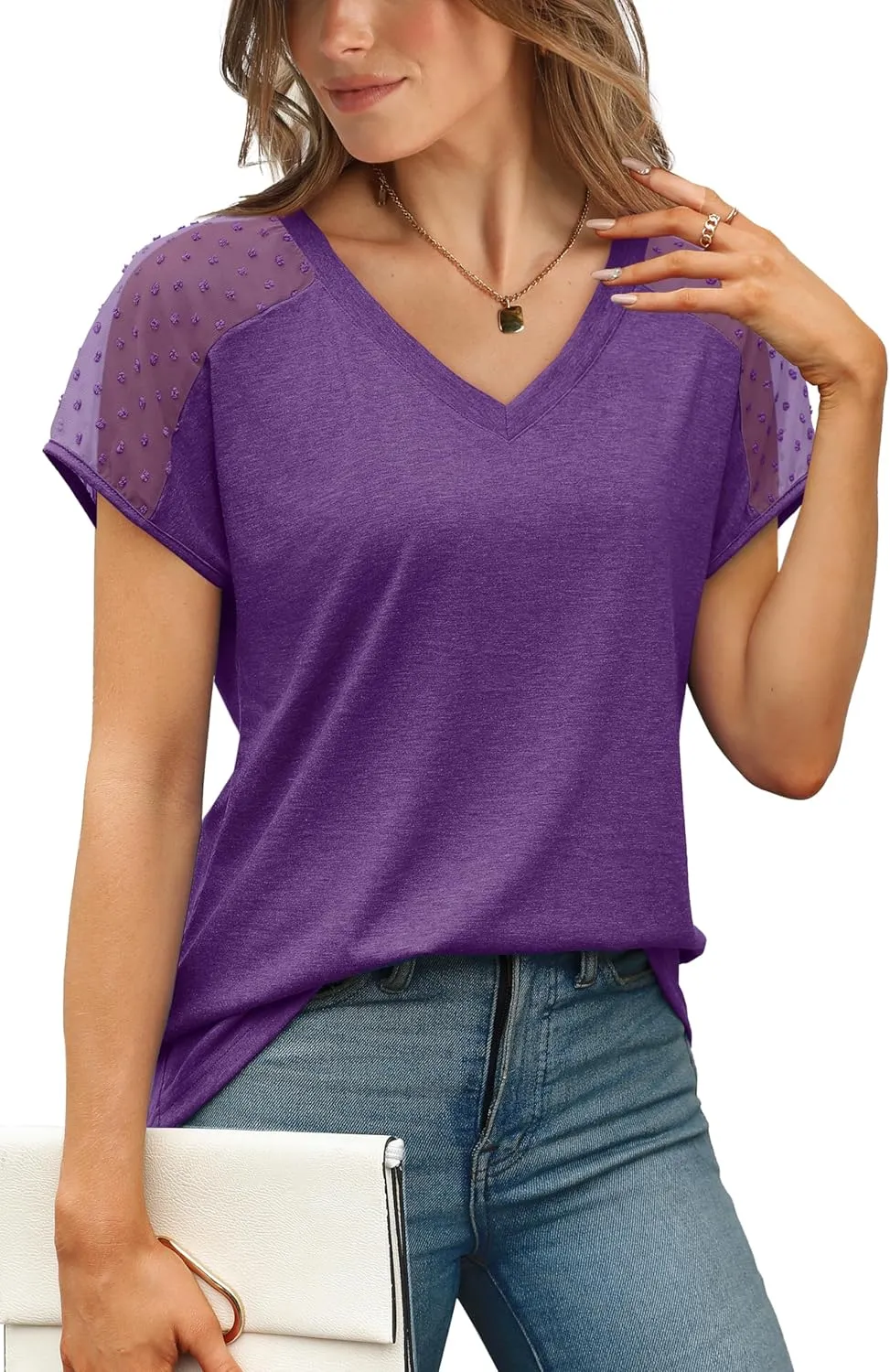 WIHOLL Summer Tops for Women V Neck T-Shirts Swiss Dot Short Sleeve Shirts Casual Fashion Blouses