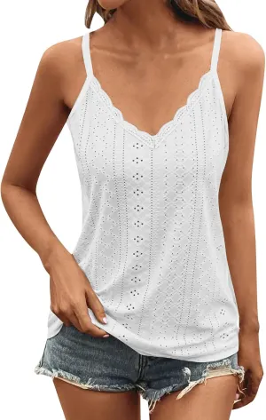 Women Lace Camisole Tops Spaghetti Strap Eyelet Tank Shirts Summer Sleeveless Cute Loose Fit Shirts Embroidery Blouse