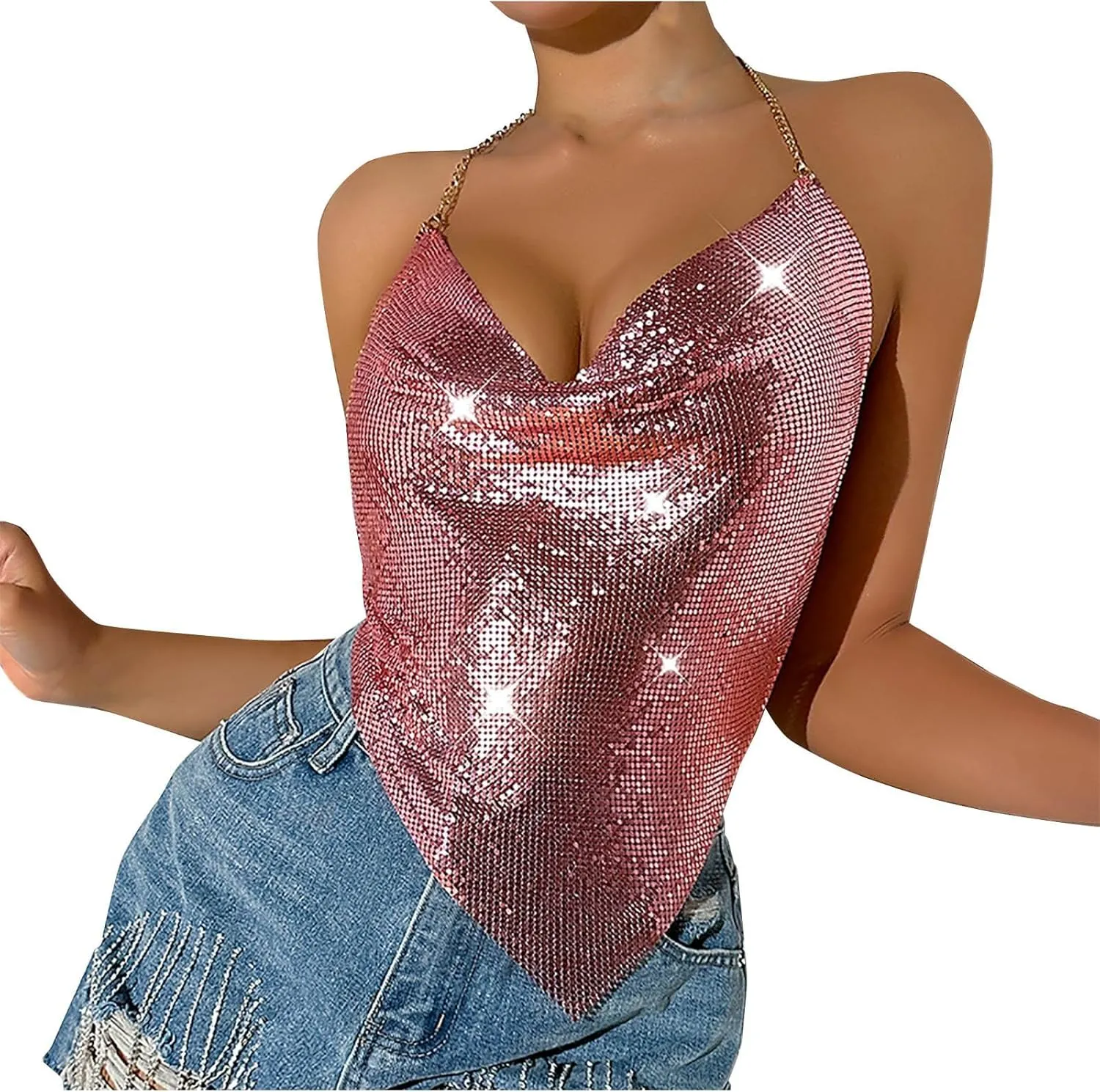 Women Sequin Crop Tank Tops Sexy Deep V Backless Halter Body Chain Cami Tops Shiny Rhinestone Camisole for Party Night Club
