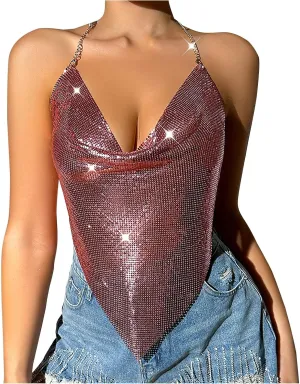 Women Sequin Crop Tank Tops Sexy Deep V Backless Halter Body Chain Cami Tops Shiny Rhinestone Camisole for Party Night Club