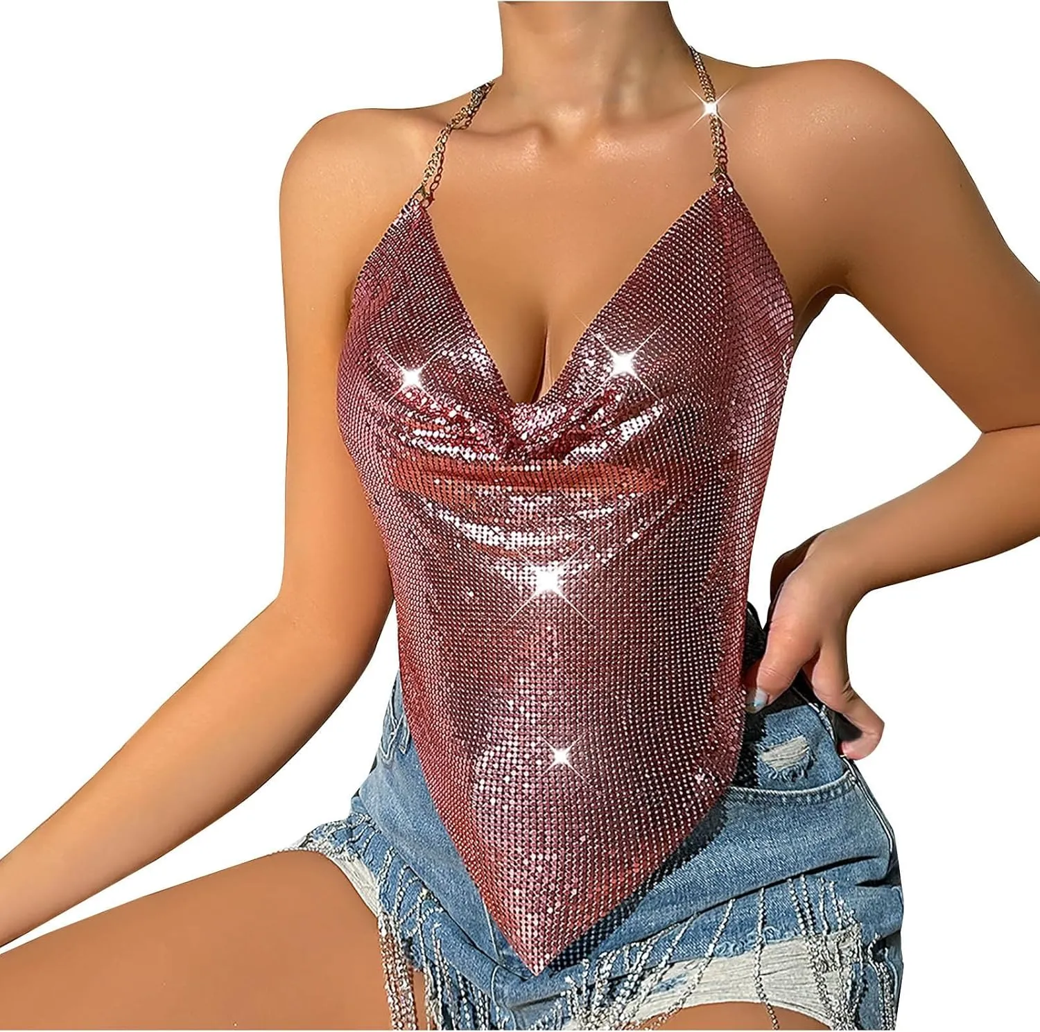 Women Sequin Crop Tank Tops Sexy Deep V Backless Halter Body Chain Cami Tops Shiny Rhinestone Camisole for Party Night Club