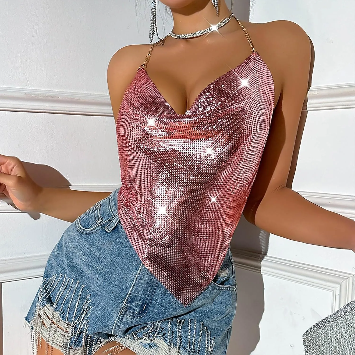 Women Sequin Crop Tank Tops Sexy Deep V Backless Halter Body Chain Cami Tops Shiny Rhinestone Camisole for Party Night Club