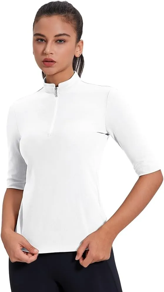 Women's 3/4 Sleeve Golf Polo Shirts UPF 50  1/4 Zip Pullover Shirts Quick Dry Outdoor Athletic Shirt