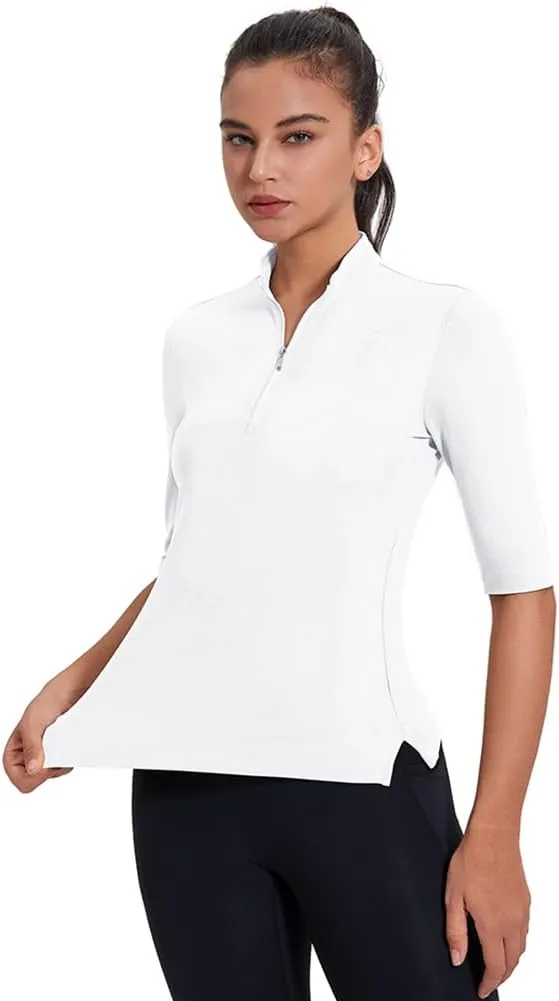 Women's 3/4 Sleeve Golf Polo Shirts UPF 50  1/4 Zip Pullover Shirts Quick Dry Outdoor Athletic Shirt