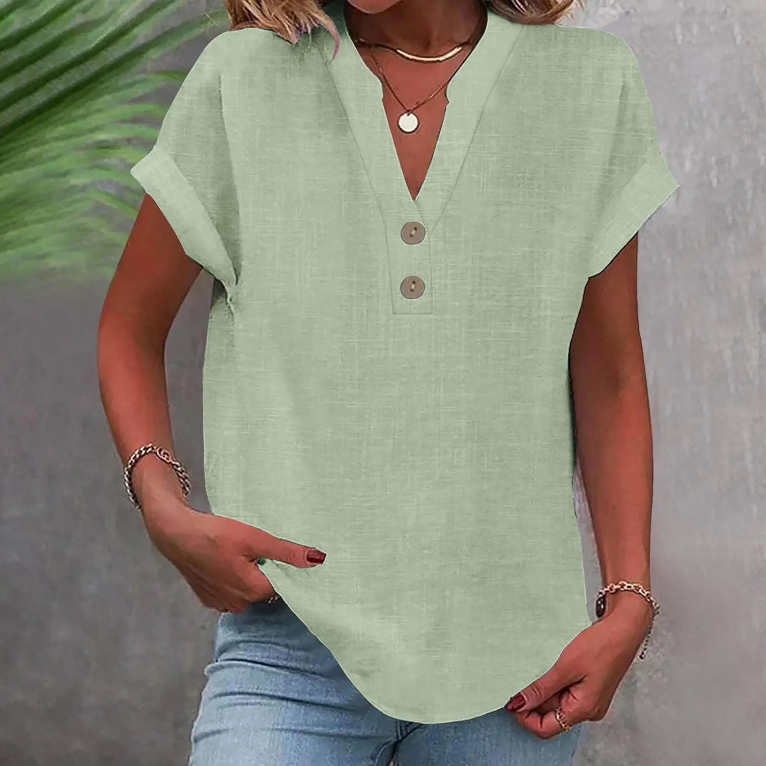 Womens Button Down Linen Shirt Short Sleeve V Neck Shirts Solid Color Comfy Tops Summer Casual Dressy Tunic Top