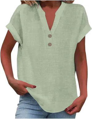 Womens Button Down Linen Shirt Short Sleeve V Neck Shirts Solid Color Comfy Tops Summer Casual Dressy Tunic Top