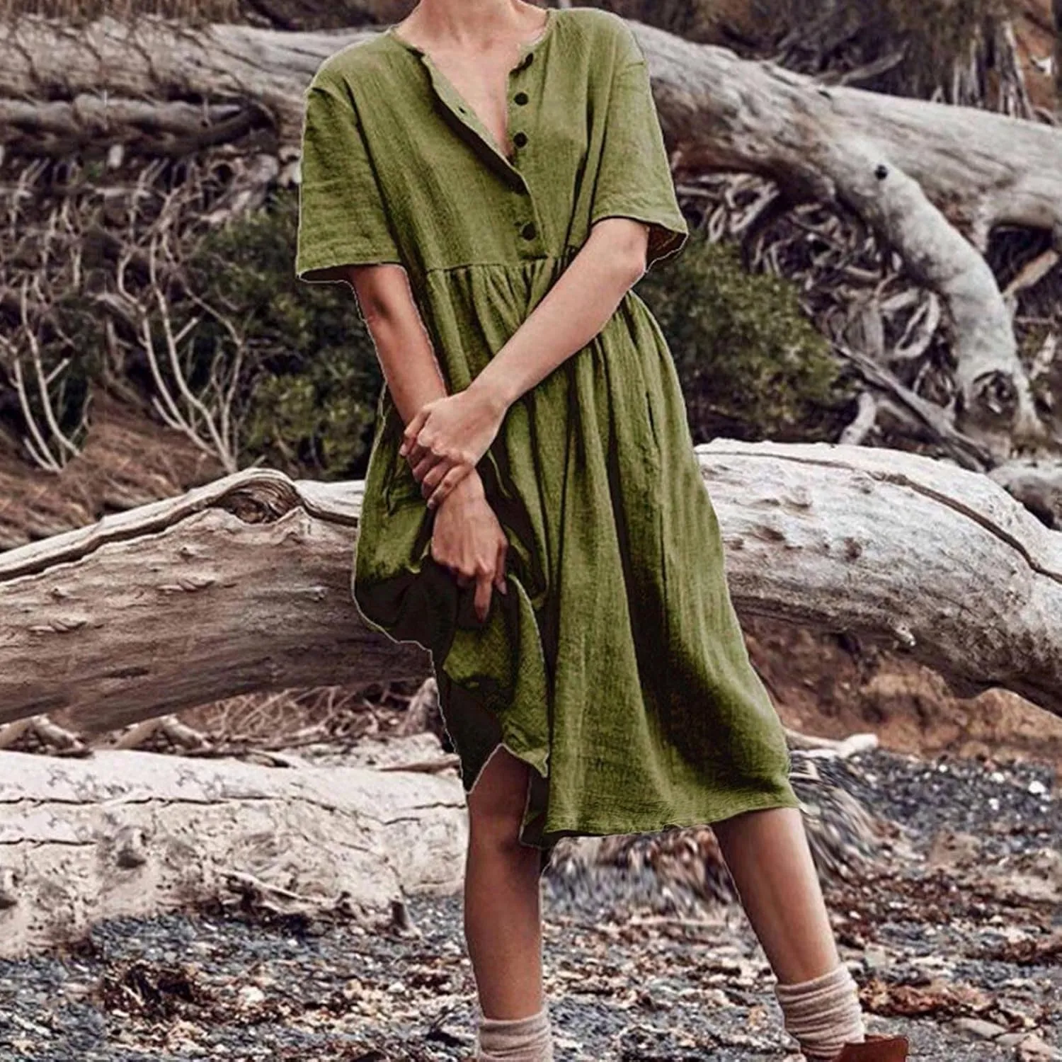 Womens Cotton Linen Midi Dress V Neck Short Sleeve Button Dress Casual T-Shirt Dresses Plus Size Flowy Beach Dress