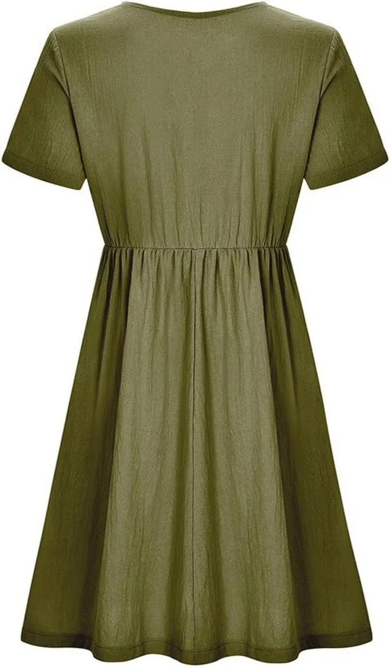 Womens Cotton Linen Midi Dress V Neck Short Sleeve Button Dress Casual T-Shirt Dresses Plus Size Flowy Beach Dress