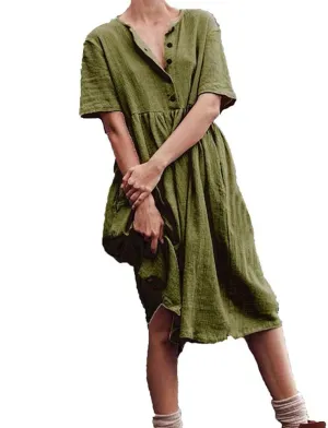 Womens Cotton Linen Midi Dress V Neck Short Sleeve Button Dress Casual T-Shirt Dresses Plus Size Flowy Beach Dress