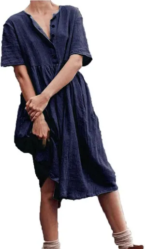 Womens Cotton Linen Midi Dress V Neck Short Sleeve Button Dress Casual T-Shirt Dresses Plus Size Flowy Beach Dress