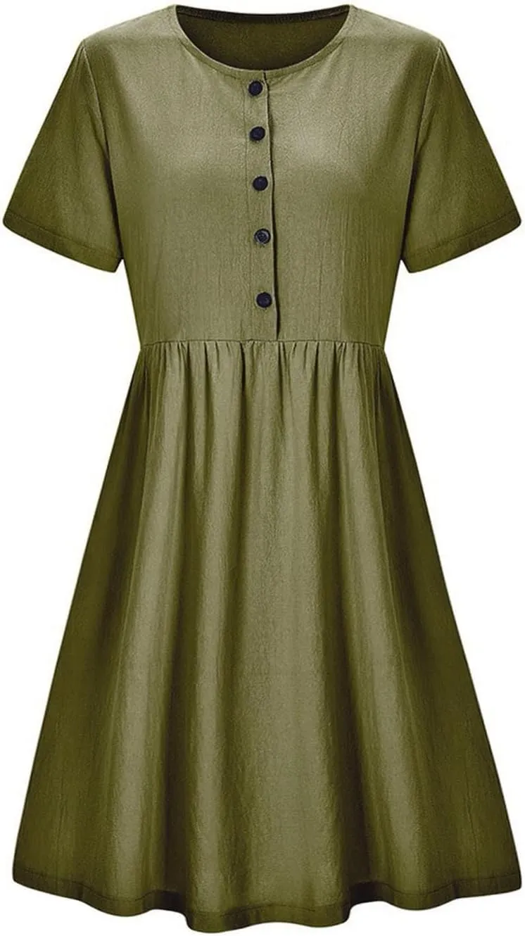 Womens Cotton Linen Midi Dress V Neck Short Sleeve Button Dress Casual T-Shirt Dresses Plus Size Flowy Beach Dress