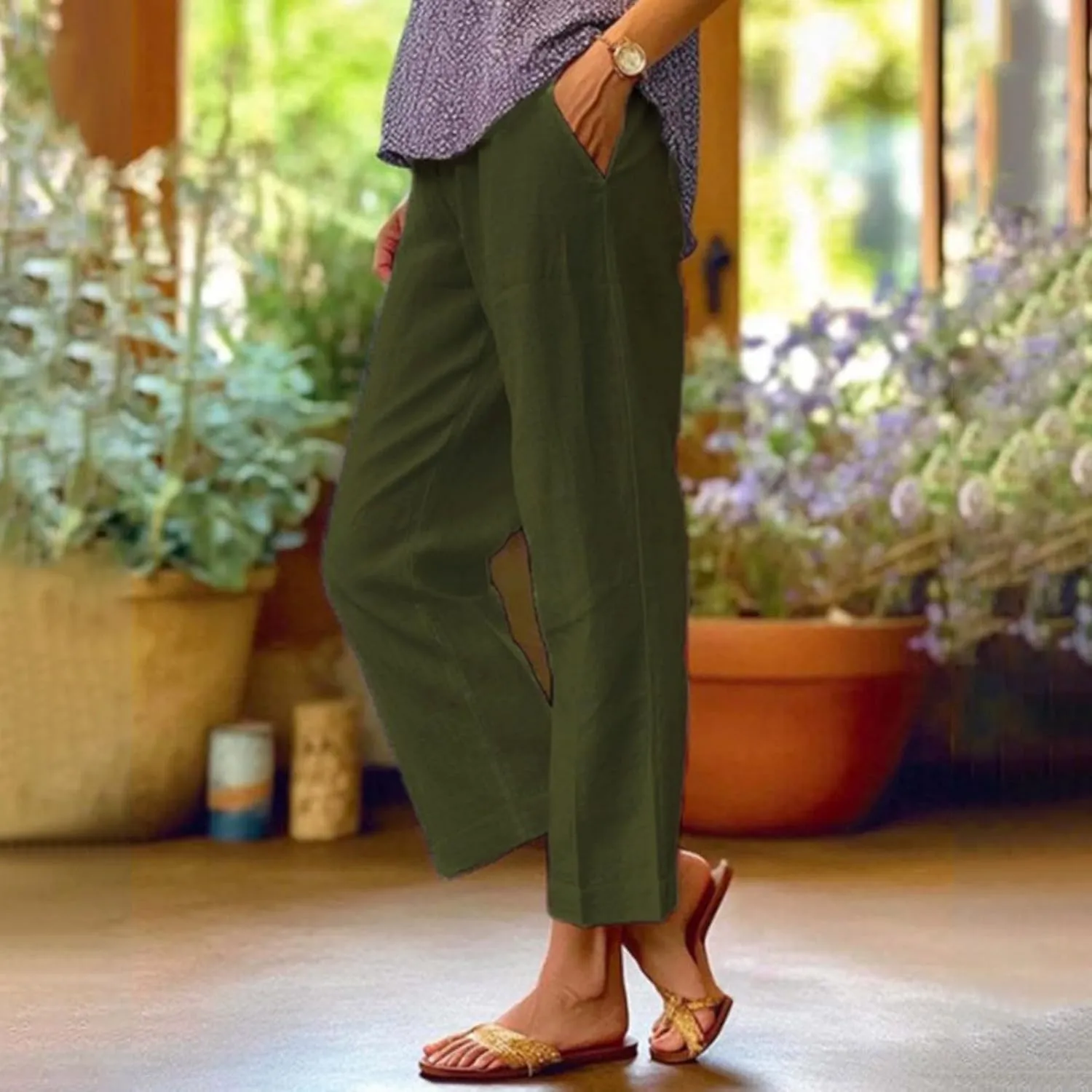 Womens Cropped Cotton Linen Pants Summer Elastic Waist Straight Leg Crop Pant Casual Loose Beach Trouser with Pockets
