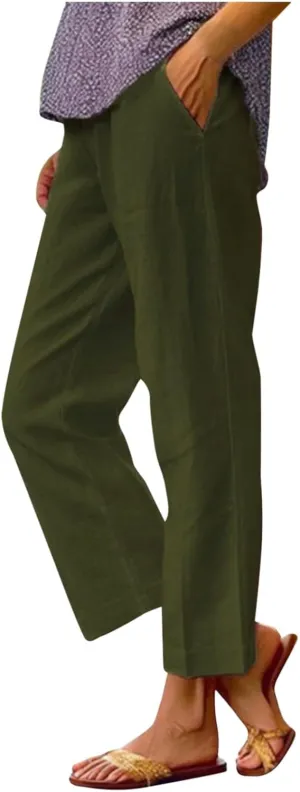 Womens Cropped Cotton Linen Pants Summer Elastic Waist Straight Leg Crop Pant Casual Loose Beach Trouser with Pockets