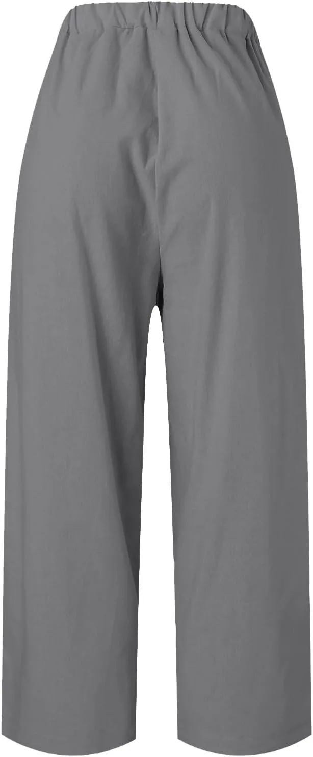 Womens Cropped Cotton Linen Pants Summer Elastic Waist Straight Leg Crop Pant Casual Loose Beach Trouser with Pockets