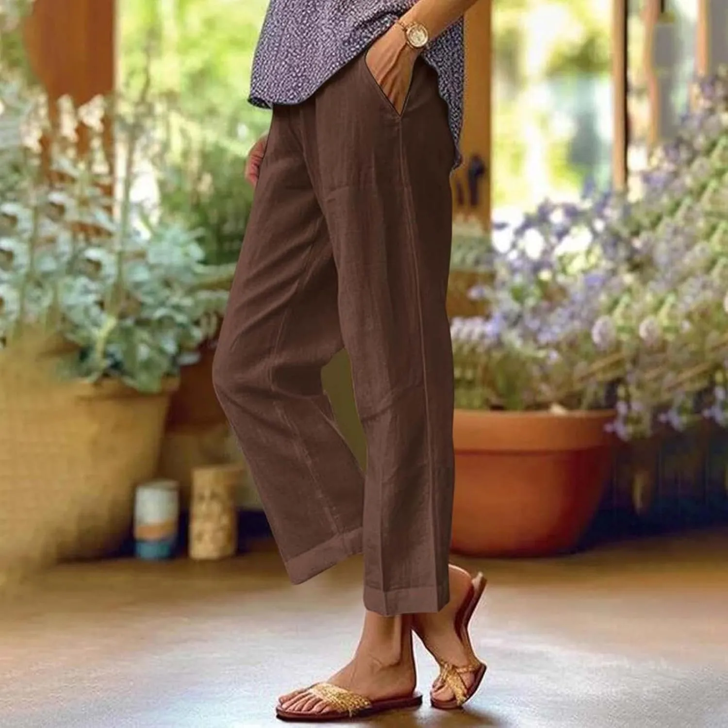 Womens Cropped Cotton Linen Pants Summer Elastic Waist Straight Leg Crop Pant Casual Loose Beach Trouser with Pockets