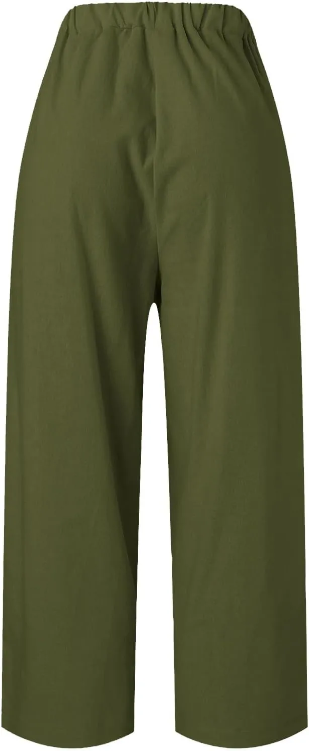 Womens Cropped Cotton Linen Pants Summer Elastic Waist Straight Leg Crop Pant Casual Loose Beach Trouser with Pockets