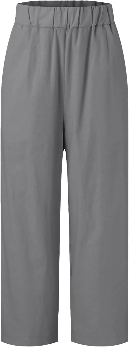 Womens Cropped Cotton Linen Pants Summer Elastic Waist Straight Leg Crop Pant Casual Loose Beach Trouser with Pockets