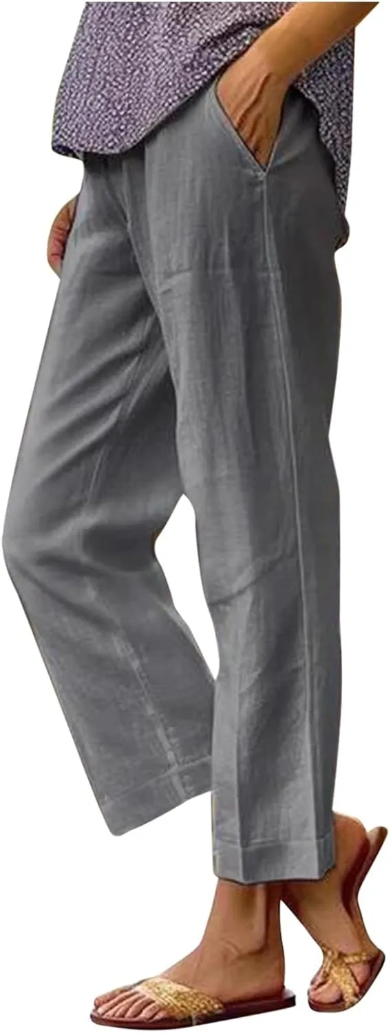 Womens Cropped Cotton Linen Pants Summer Elastic Waist Straight Leg Crop Pant Casual Loose Beach Trouser with Pockets