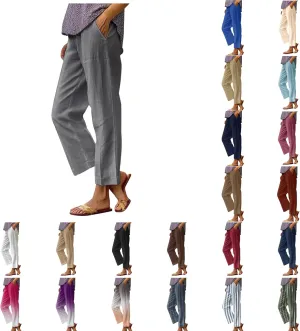 Womens Cropped Cotton Linen Pants Summer Elastic Waist Straight Leg Crop Pant Casual Loose Beach Trouser with Pockets