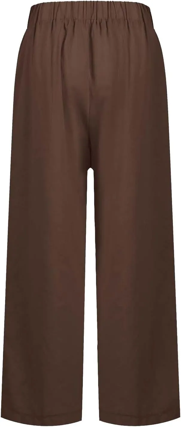 Womens Cropped Cotton Linen Pants Summer Elastic Waist Straight Leg Crop Pant Casual Loose Beach Trouser with Pockets
